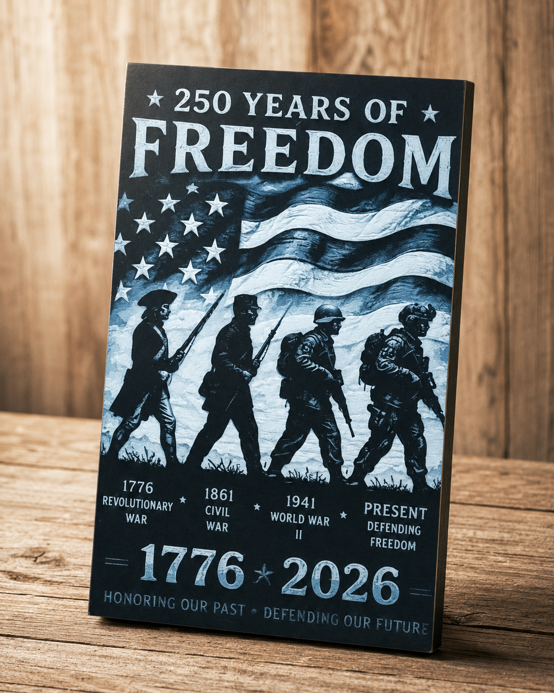 Angled view of the 250 Years of Freedom Monochrome Chroma Canvas on a wood surface