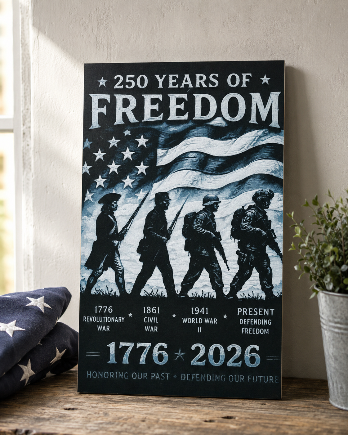 250 Years of Freedom Monochrome Chroma Canvas displayed near a window