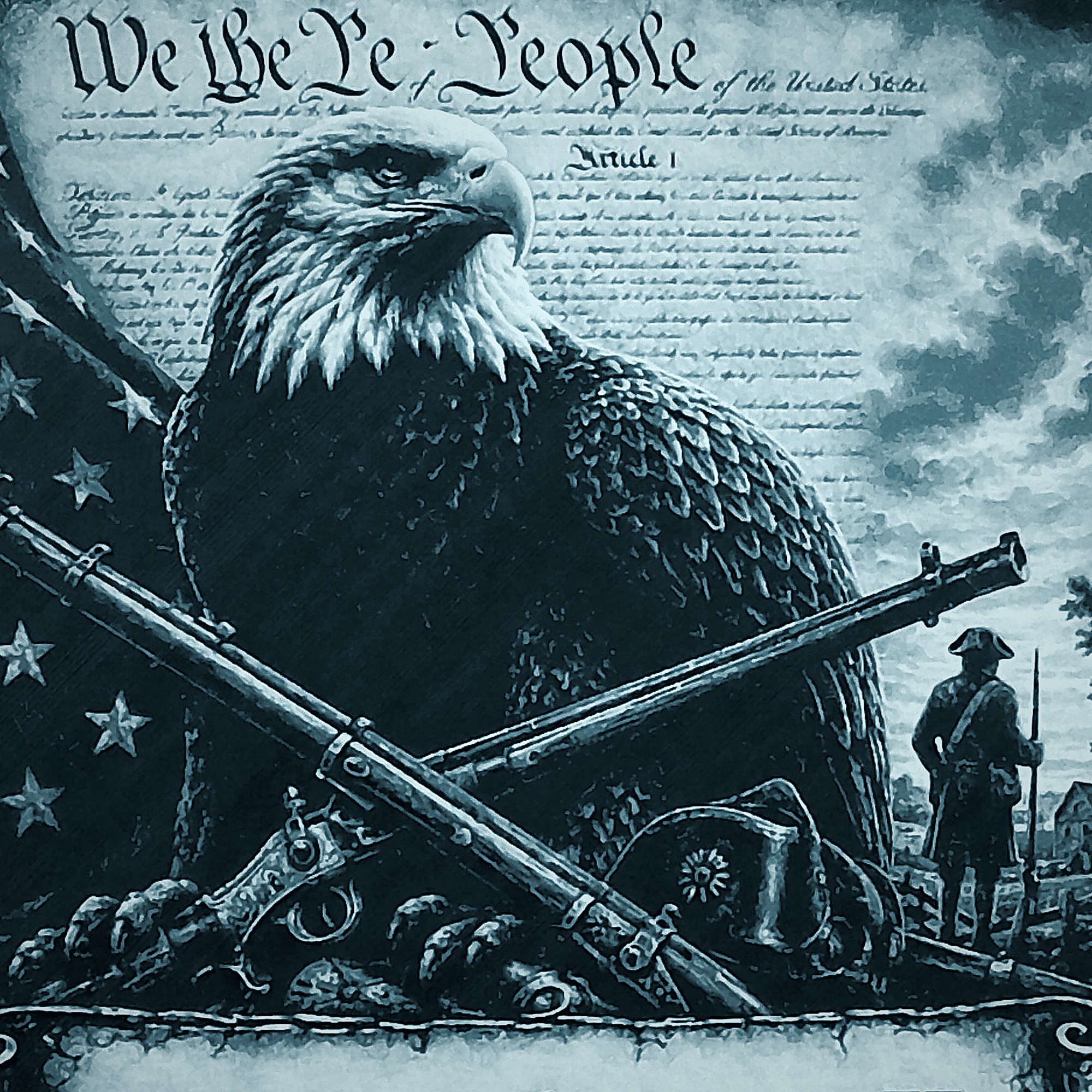 Close-up of eagle and crossed rifle detail on the Second Amendment artwork