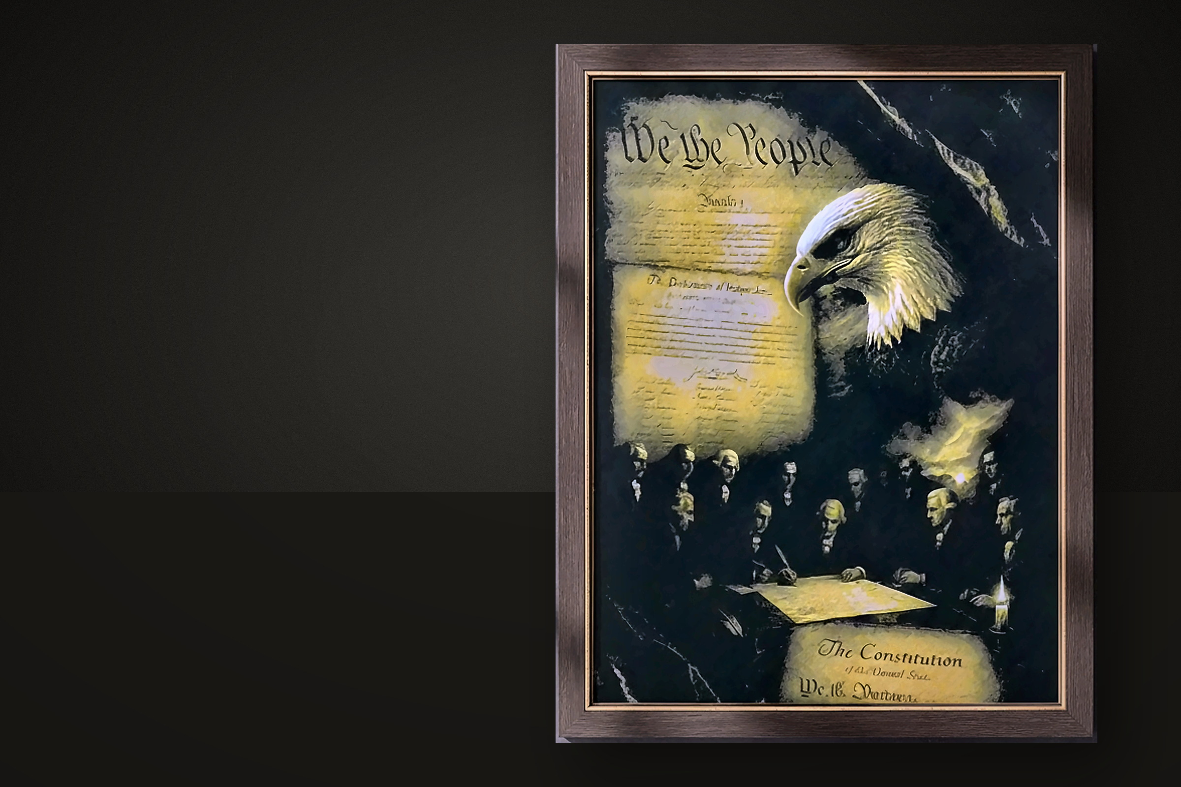 Golden Age Constitution framed art displayed on a dark studio background